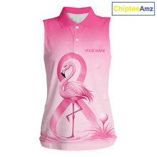 Load image into Gallery viewer, Pink breast cancer awareness sleeveless golf polo shirt for women, funny flamingo design front view