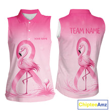 Load image into Gallery viewer, Back view of breast cancer awareness sleeveless golf shirt with flamingo print and charity message