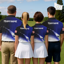 Load image into Gallery viewer, Mixed golf team wearing matching blue golf ball American flag golf polo shirts