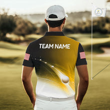 Load image into Gallery viewer, Golfer wearing blue golf ball American flag mens golf polo shirt on the course with personalized name on the back
