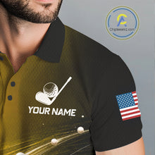 Load image into Gallery viewer, 
Close-up fabric of yellow golf ball American flag mens golf polo shirt with personalized name on the chest
