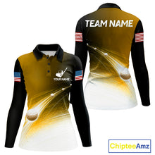 Load image into Gallery viewer, Black Gold Golf Ball Pattern American Flag Womens Golf Polo Shirts, Team Golf Shirts Golf Gifts NBT871
