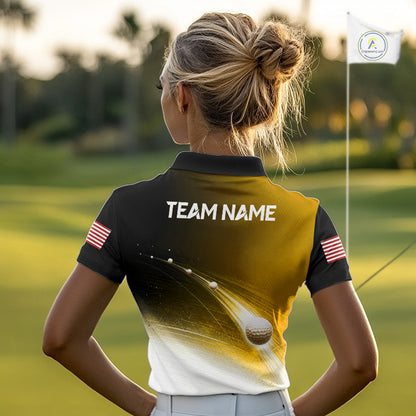 Black Gold Golf Ball Pattern American Flag Womens Golf Polo Shirts, Tournament Golf Shirts Golf Gifts NBT871