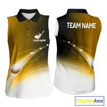 Load image into Gallery viewer, Black Gold Golf Ball Pattern American Flag Womens Sleeveless Golf Polo Shirts, Team Golf Shirts Golf Gifts NBT871