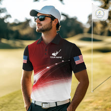 Load image into Gallery viewer, Golfer wearing red golf ball American flag mens golf polo shirt on the course