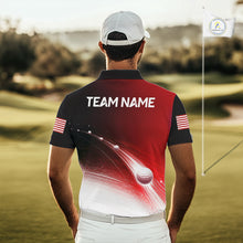 Load image into Gallery viewer, Golfer wearing red golf ball American flag mens golf polo shirt on the course with custom team name on the back
