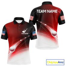 Load image into Gallery viewer, Front and back view of red golf ball pattern American flag mens golf polo shirt with personalized name 