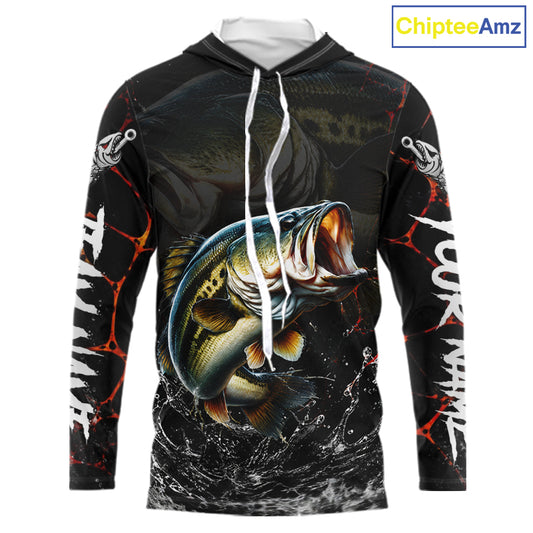 Front view of Bass Fishing camo long sleeve hooded fishing shirt UPF protection with personalized name 