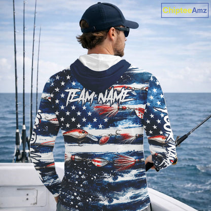 Fishing Lure American Flag Custom Long Sleeve Hooded Performance Fishing Shirts, Team Fishing Jerseys NBT940