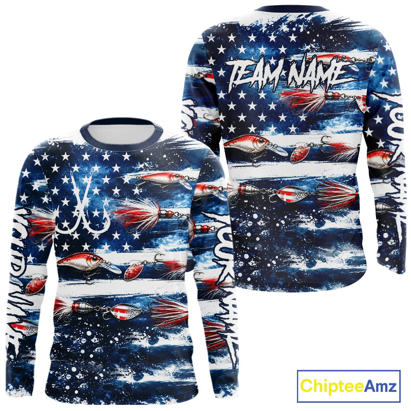 Fishing Lure American Flag Custom Long Sleeve Performance Fishing Shirts, Team Fishing Jerseys NBT940