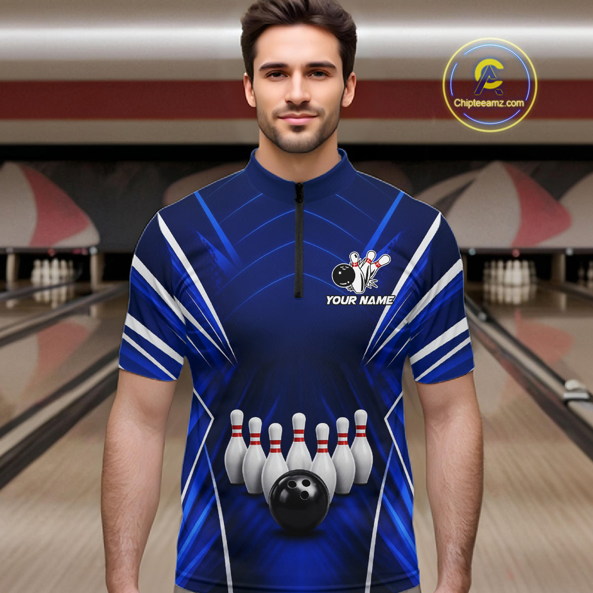 Custom Blue Bowling Jersey Bowling Team Shirts For Men Bowling League Polo & 1/4 Zip Shirt NBT1101