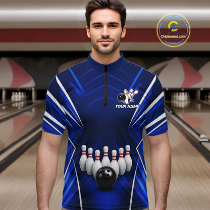Custom Blue Bowling Jersey Bowling Team Shirts For Men Bowling League Polo & 1/4 Zip Shirt NBT1101