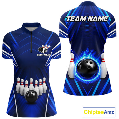 Custom Blue Bowling Jersey Bowling Team Shirts For Women Bowling League Polo & 1/4 Zip Shirt NBT1101