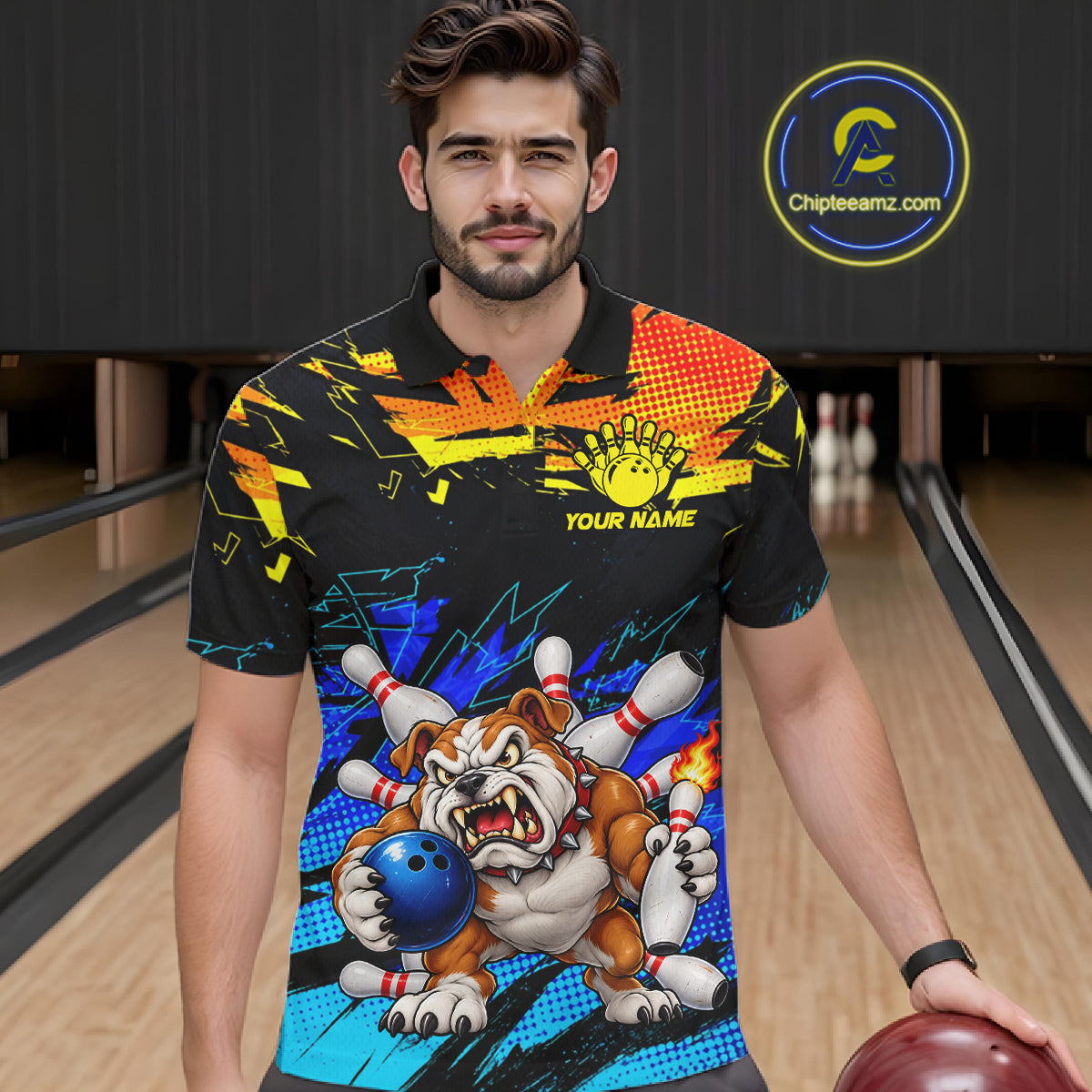 Custom Blue Yellow Funny Bulldog Bowling Team Shirt Bowling Jersey Polo & 1/4 Zip For Men NBT1234