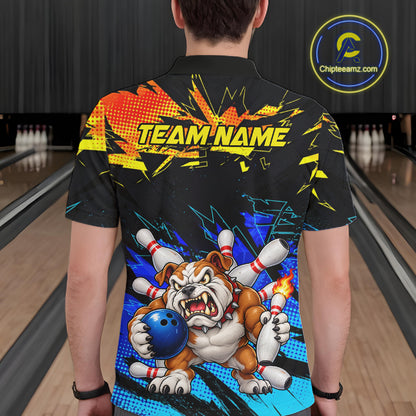 Custom Blue Yellow Funny Bulldog Bowling Team Shirt Bowling Jersey Polo & 1/4 Zip For Men NBT1234