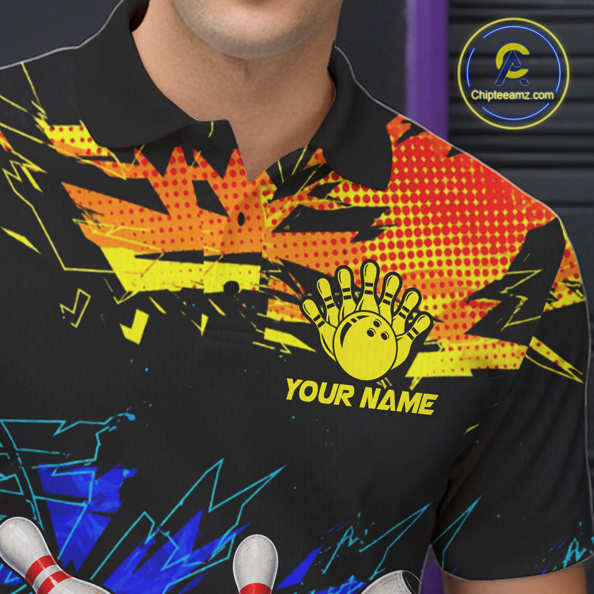 Custom Blue Yellow Funny Bulldog Bowling Team Shirt Bowling Jersey Polo & 1/4 Zip For Men NBT1234