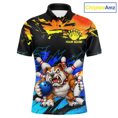 Custom Blue Yellow Funny Bulldog Bowling Team Shirt Bowling Jersey Polo & 1/4 Zip For Men NBT1234