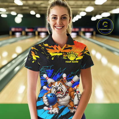 Custom Blue Yellow Funny Bulldog Bowling Team Shirt Bowling Jersey Polo & 1/4 Zip For Women NBT1234