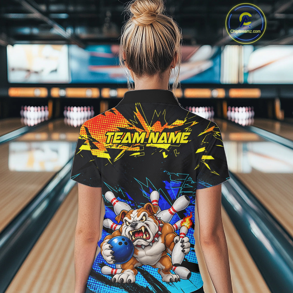 Custom Blue Yellow Funny Bulldog Bowling Team Shirt Bowling Jersey Polo & 1/4 Zip For Women NBT1234