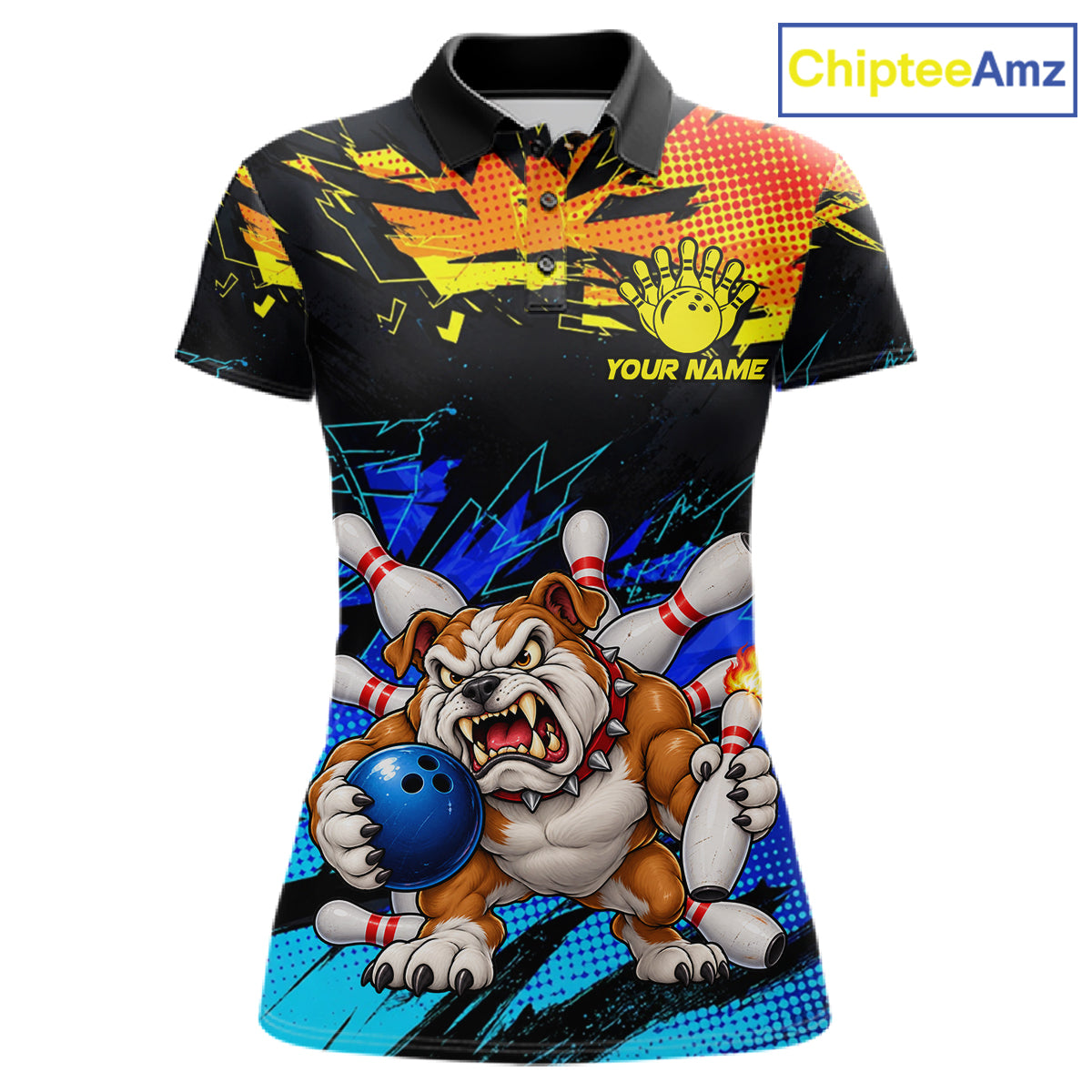 Custom Blue Yellow Funny Bulldog Bowling Team Shirt Bowling Jersey Polo & 1/4 Zip For Women NBT1234