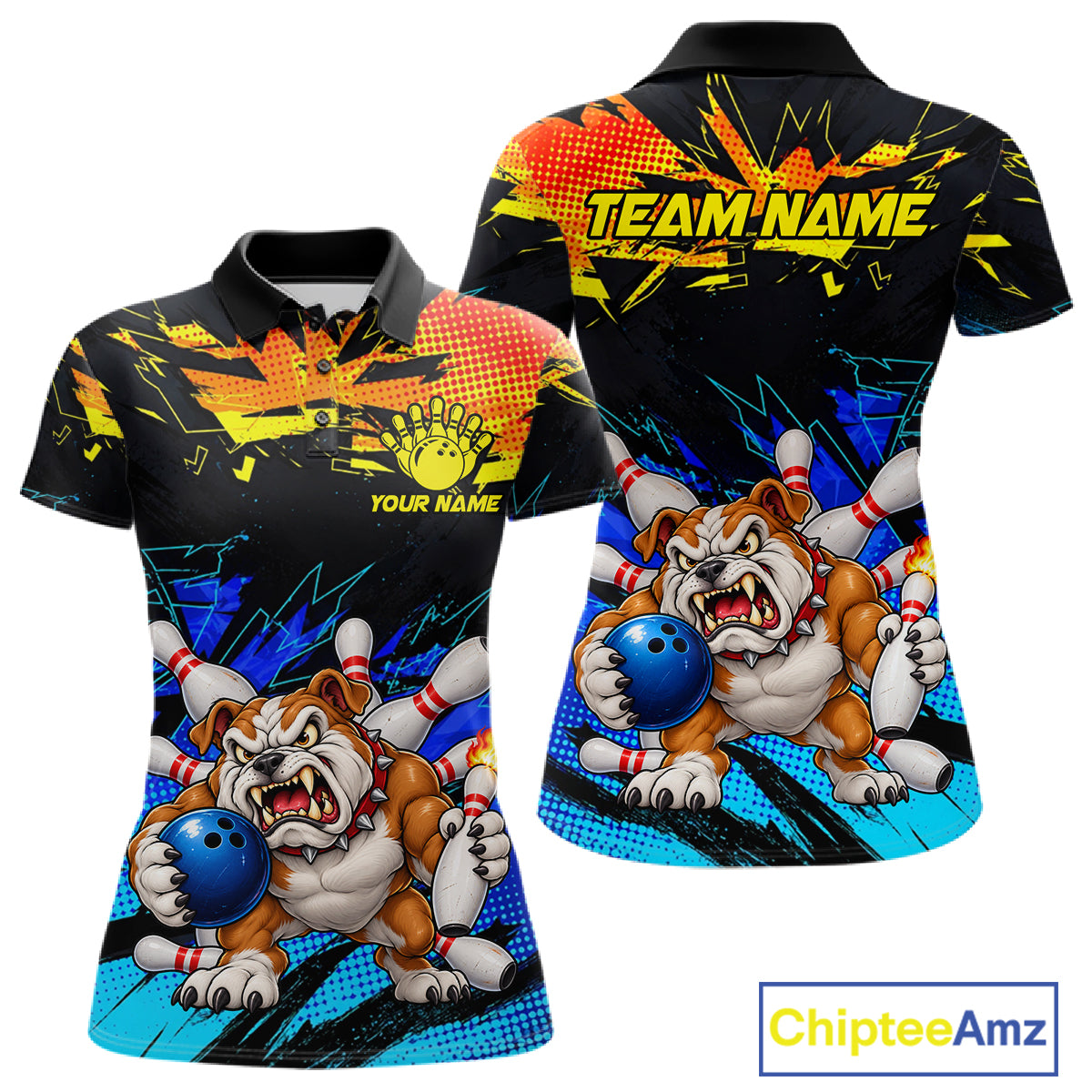 Custom Blue Yellow Funny Bulldog Bowling Team Shirt Bowling Jersey Polo & 1/4 Zip For Women NBT1234