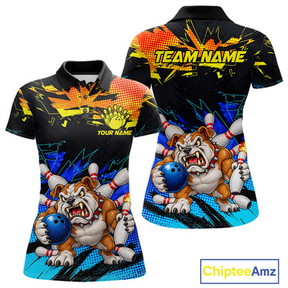 Custom Blue Yellow Funny Bulldog Bowling Team Shirt Bowling Jersey Polo & 1/4 Zip For Women NBT1234