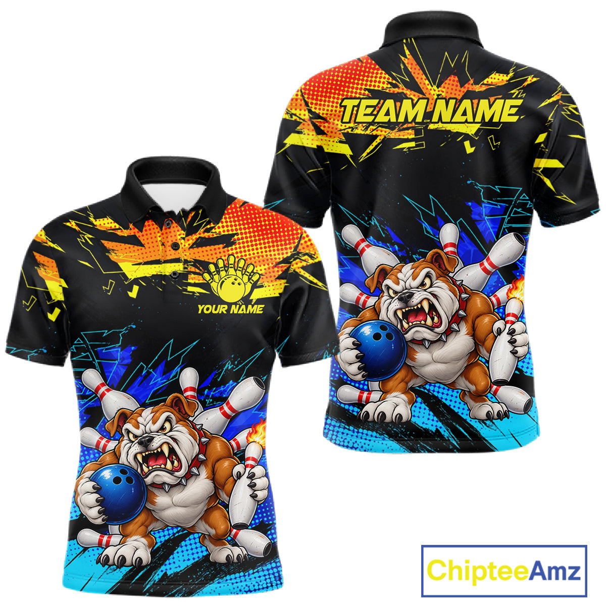Custom Blue Yellow Funny Bulldog Bowling Team Shirt Bowling Jersey Polo & 1/4 Zip For Men NBT1234