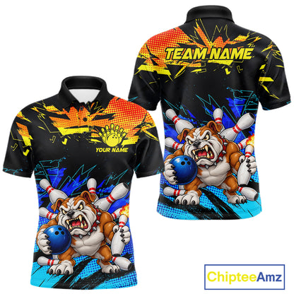 Custom Blue Yellow Funny Bulldog Bowling Team Shirt Bowling Jersey Polo & 1/4 Zip For Men NBT1234
