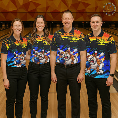 Custom Blue Yellow Funny Bulldog Bowling Team Shirt Bowling Jersey Polo & 1/4 Zip For Men NBT1234