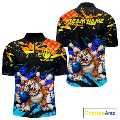 Custom Blue Yellow Funny Bulldog Bowling Team Shirt Bowling Jersey Polo & 1/4 Zip For Men NBT1234