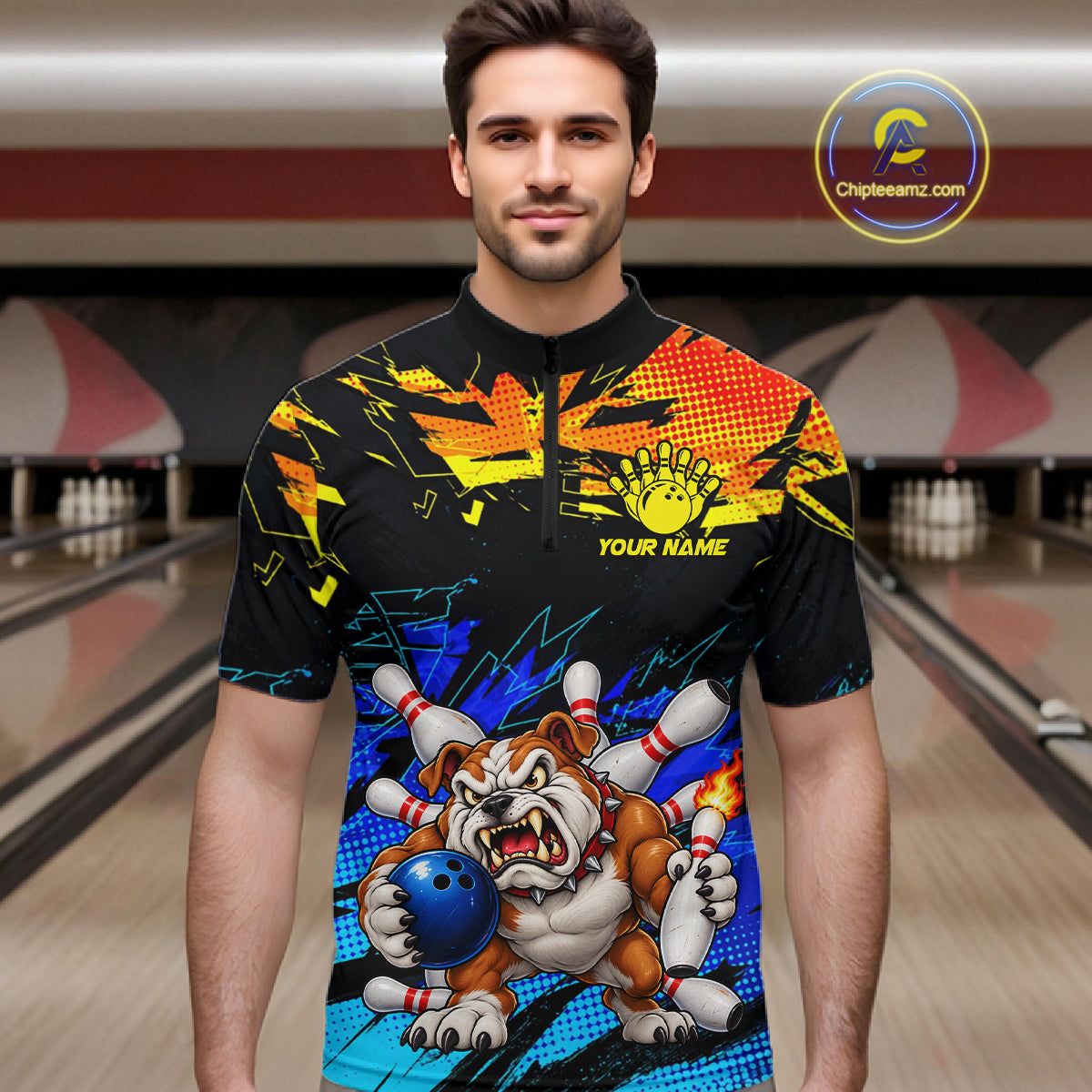 Custom Blue Yellow Funny Bulldog Bowling Team Shirt Bowling Jersey Polo & 1/4 Zip For Men NBT1234