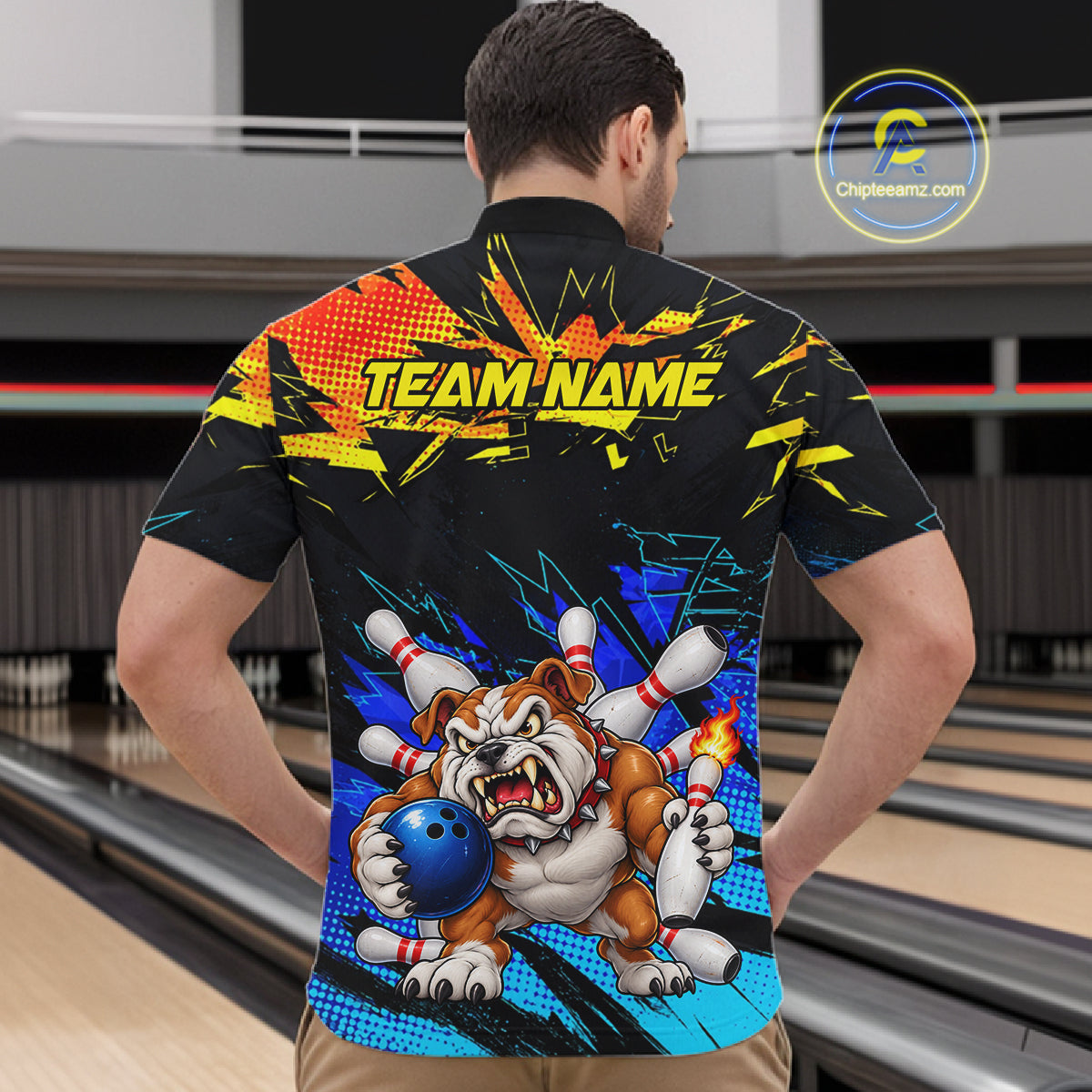 Custom Blue Yellow Funny Bulldog Bowling Team Shirt Bowling Jersey Polo & 1/4 Zip For Men NBT1234