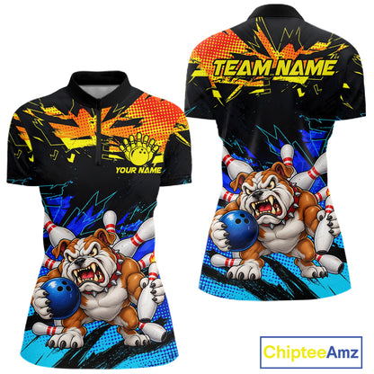 Custom Blue Yellow Funny Bulldog Bowling Team Shirt Bowling Jersey Polo & 1/4 Zip For Women NBT1234