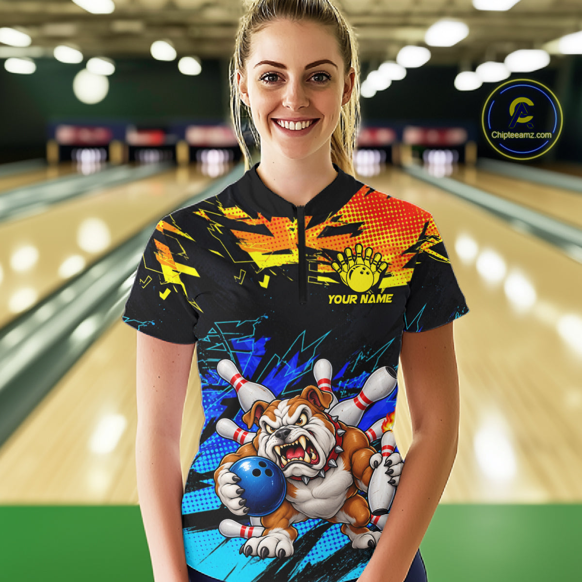 Custom Blue Yellow Funny Bulldog Bowling Team Shirt Bowling Jersey Polo & 1/4 Zip For Women NBT1234