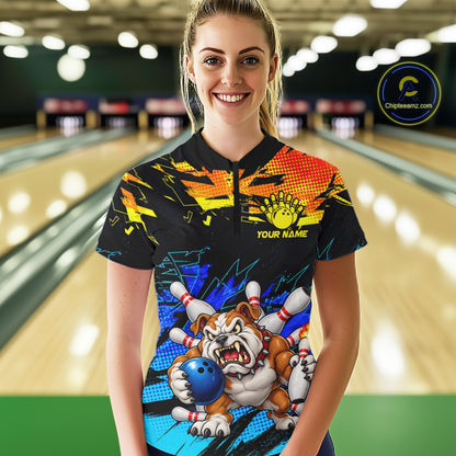 Custom Blue Yellow Funny Bulldog Bowling Team Shirt Bowling Jersey Polo & 1/4 Zip For Women NBT1234