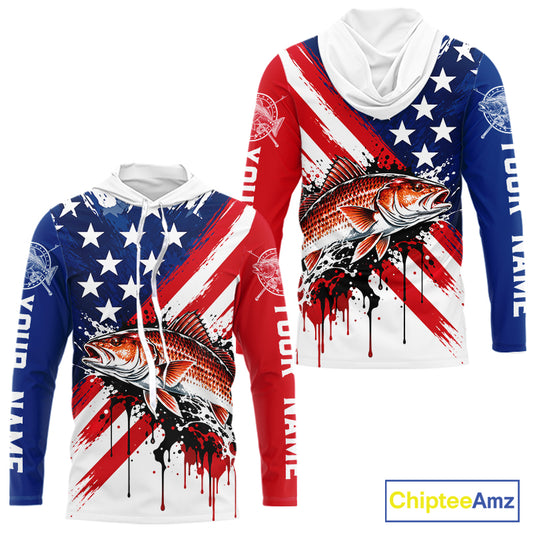 Redfish Fishing American Flag Long Sleeve Hooded Fishing Shirts, Custom Saltwater Redfish Fishing Jerseys NBT1235