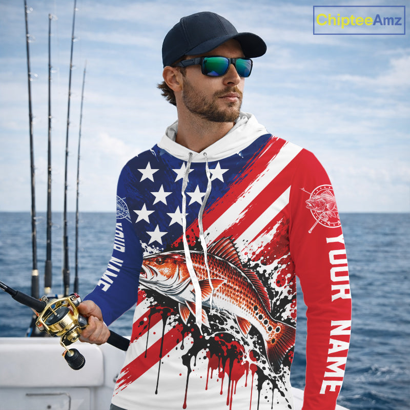 Redfish Fishing American Flag Long Sleeve Hooded Fishing Shirts, Custom Saltwater Redfish Fishing Jerseys NBT1235