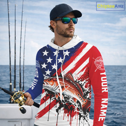Redfish Fishing American Flag Long Sleeve Hooded Fishing Shirts, Custom Saltwater Redfish Fishing Jerseys NBT1235