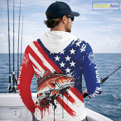 Redfish Fishing American Flag Long Sleeve Hooded Fishing Shirts, Custom Saltwater Redfish Fishing Jerseys NBT1235