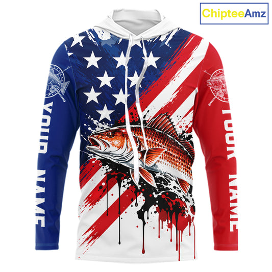 Redfish Fishing American Flag Long Sleeve Hooded Fishing Shirts, Custom Saltwater Redfish Fishing Jerseys NBT1235