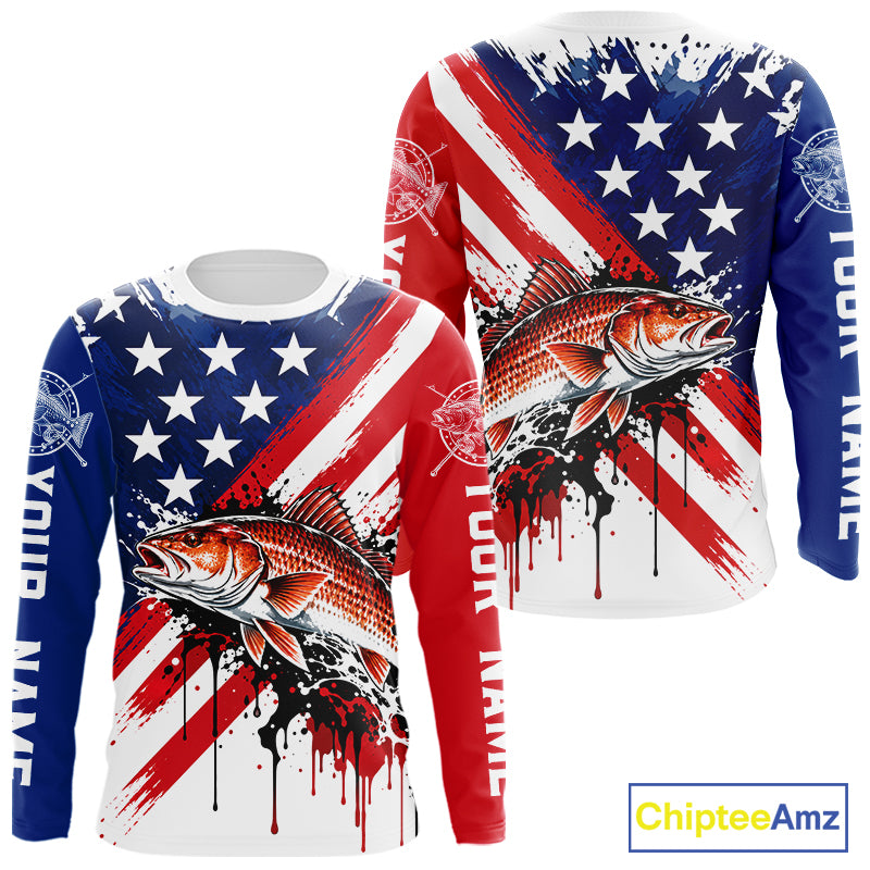 Redfish Fishing American Flag Long Sleeve Fishing Shirts, Custom Saltwater Redfish Fishing Jerseys NBT1235