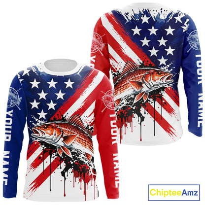 Redfish Fishing American Flag Long Sleeve Fishing Shirts, Custom Saltwater Redfish Fishing Jerseys NBT1235