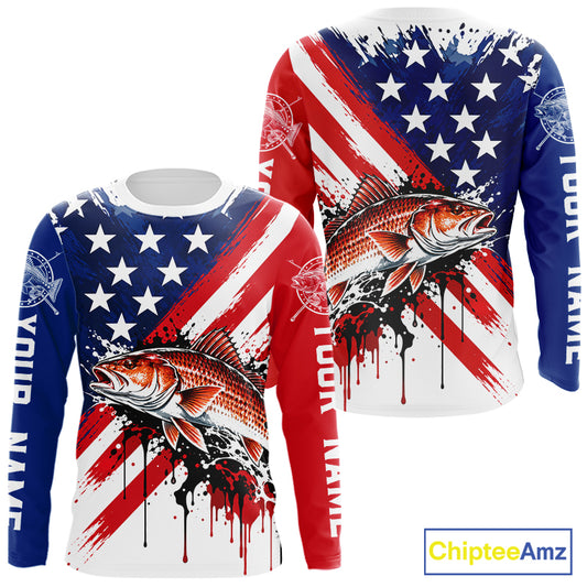 Redfish Fishing American Flag Long Sleeve Fishing Shirts, Custom Saltwater Redfish Fishing Jerseys NBT1235