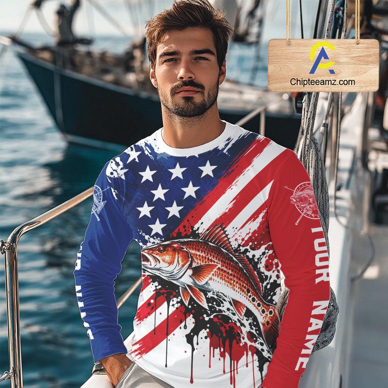 Redfish Fishing American Flag Long Sleeve Fishing Shirts, Custom Saltwater Redfish Fishing Jerseys NBT1235