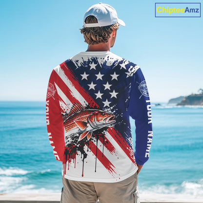 Redfish Fishing American Flag Long Sleeve Fishing Shirts, Custom Saltwater Redfish Fishing Jerseys NBT1235