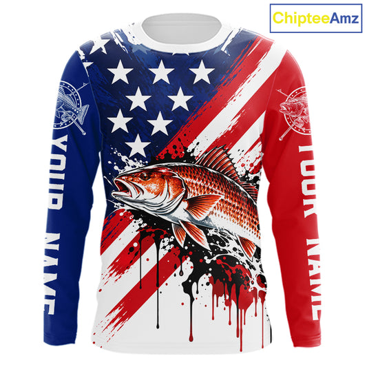 Redfish Fishing American Flag Long Sleeve Fishing Shirts, Custom Saltwater Redfish Fishing Jerseys NBT1235