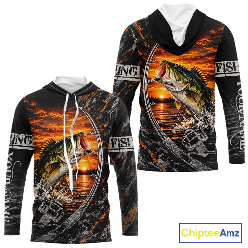 Black And Sunset Camo Custom Largemouth Bass Hooded Fishing Team Shirts, Bass Fishing Jerseys NBT1240