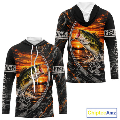 Black And Sunset Camo Custom Largemouth Bass Hooded Fishing Team Shirts, Bass Fishing Jerseys NBT1240