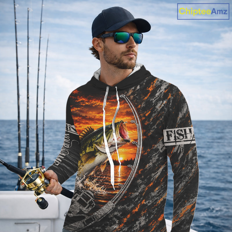 Black And Sunset Camo Custom Largemouth Bass Hooded Fishing Team Shirts, Bass Fishing Jerseys NBT1240