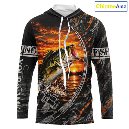 Black And Sunset Camo Custom Largemouth Bass Hooded Fishing Team Shirts, Bass Fishing Jerseys NBT1240